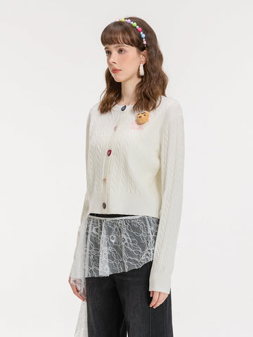 Cute Teddy Embroidered Cable Knit Cardigan