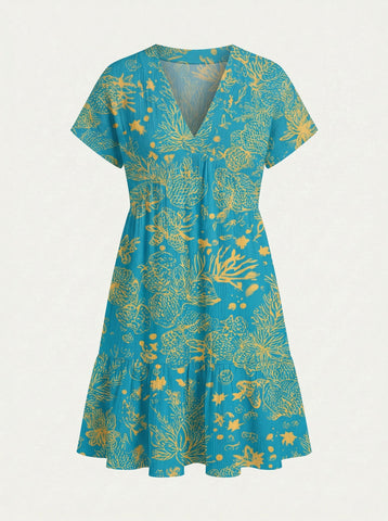 Floral Print V Neck Tiered Babydoll Mini Dress