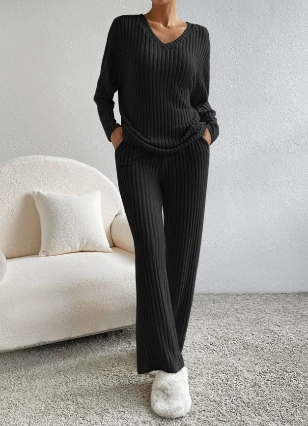 Cozy Ribbed V Neck Lounge Set