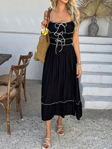 Spaghetti-Strap Tie-Front Ruffle-Hem Midi Dress-Light Blue