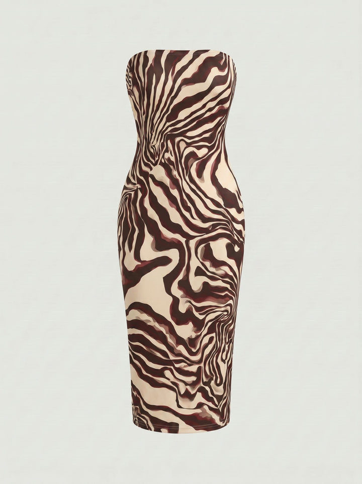 MAIA Brown Zebra Print Strapless Sheath Midi Dress