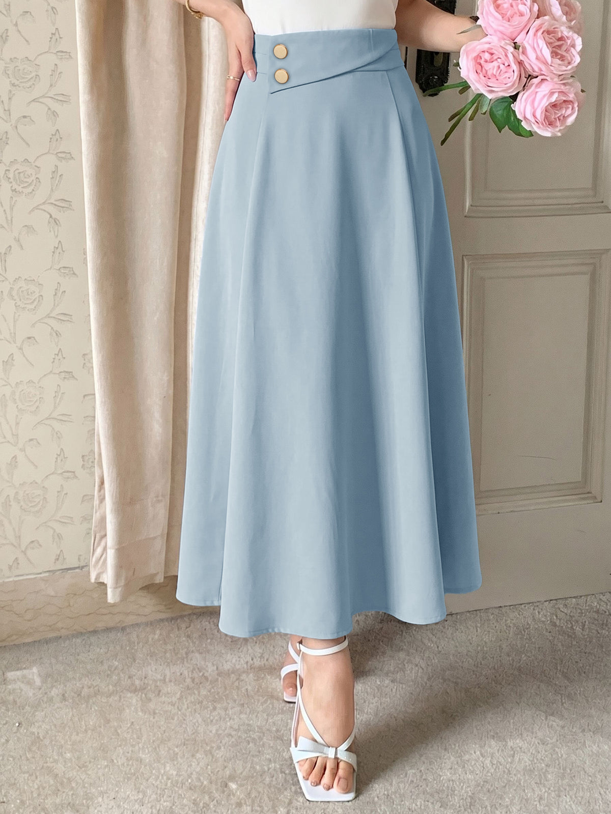 High Waisted Button Detail Midi Skirt