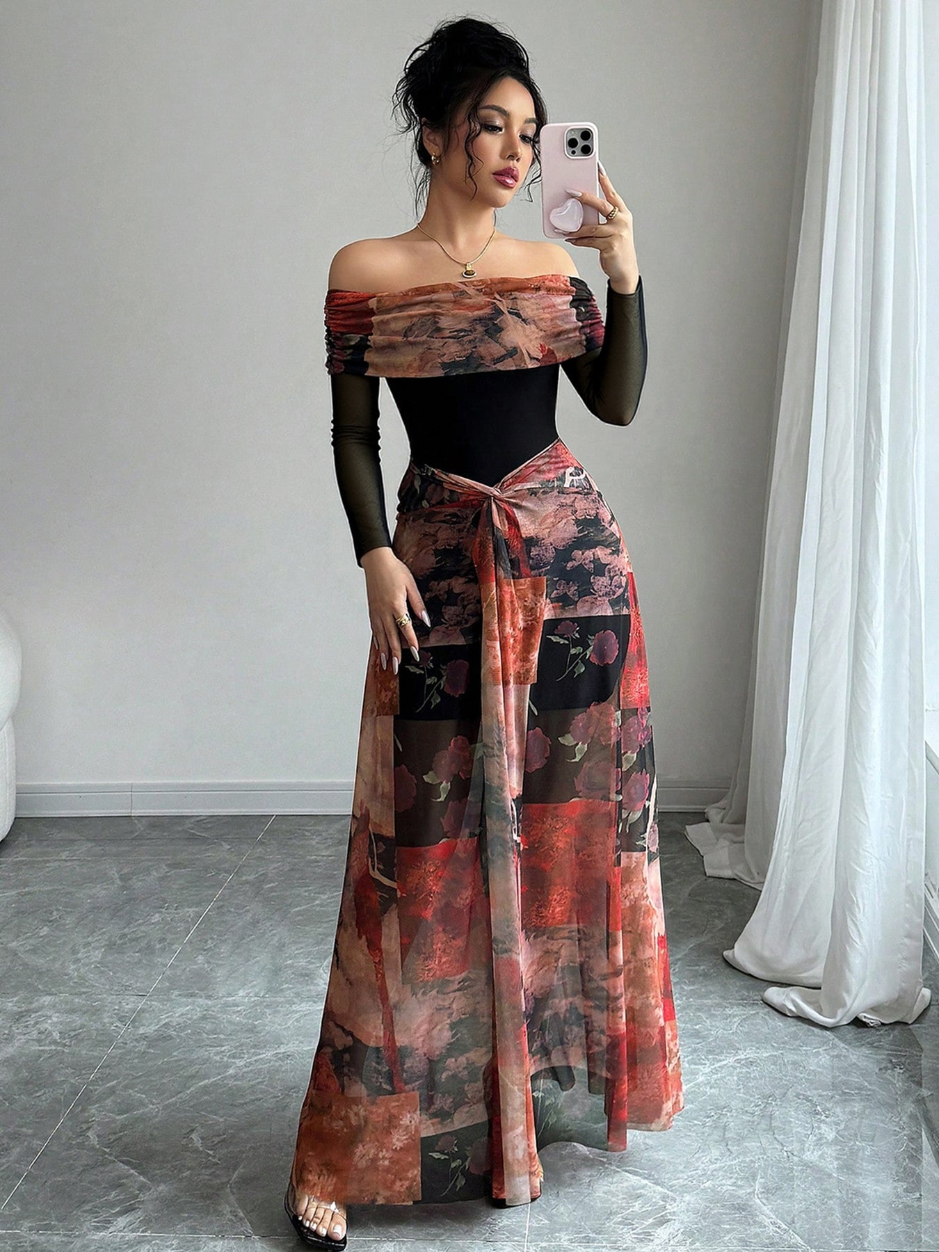 Off-Shoulder Sheer Sleeve Statement Gala Midi Dress-Multicolor