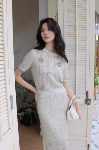 Embellished Metallic Knit Short Sleeve Sweater