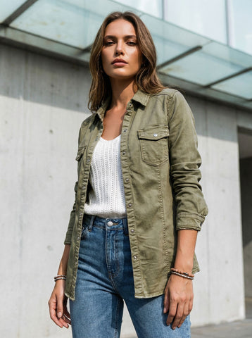 Point Collar Button Classic Denim Shirt-Multicolor