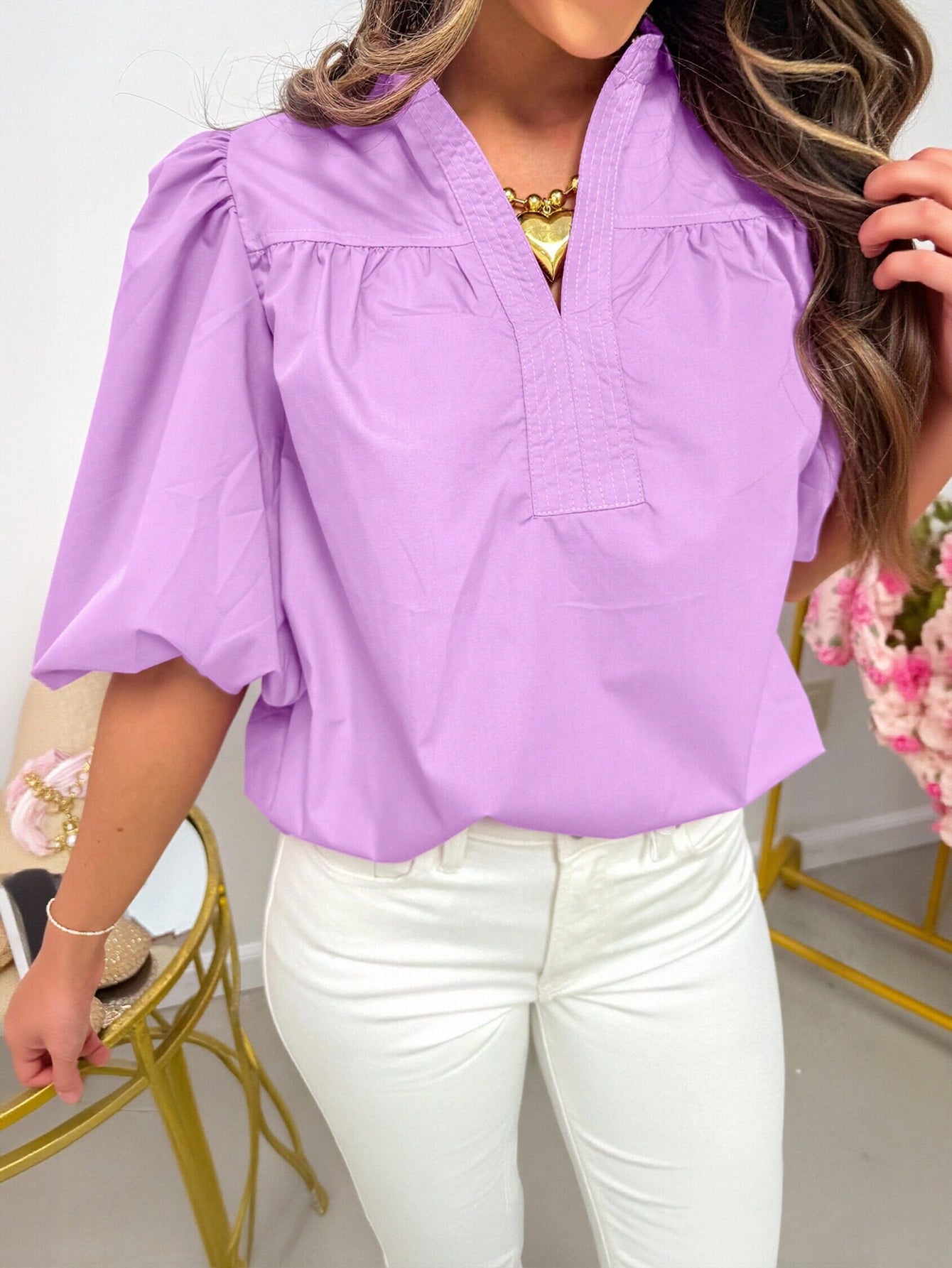 Puff Sleeve Split Neck Blouse