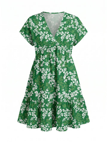 Floral Print V Neck Tiered Babydoll Mini Dress
