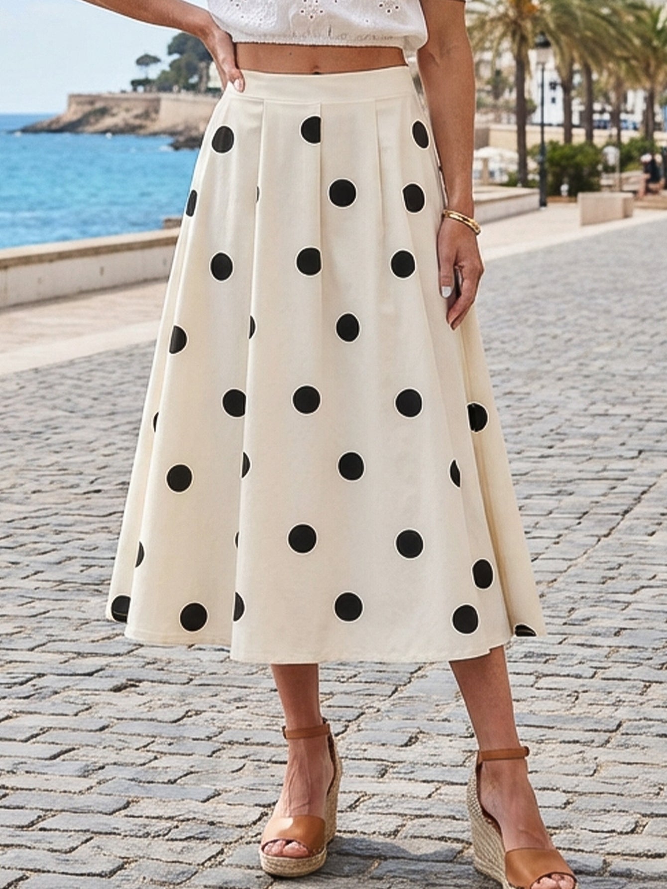 Pleated Polka Dot Midi Skirt