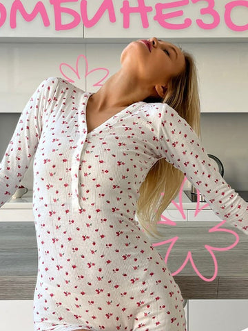 Ribbed Floral Button Front Romper Pajamas