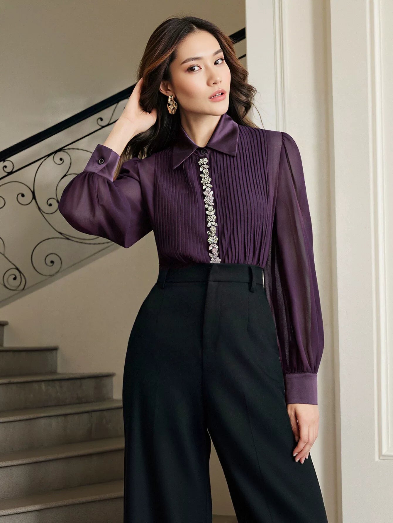 Elegant Pleated Sheer Chiffon Blouse
