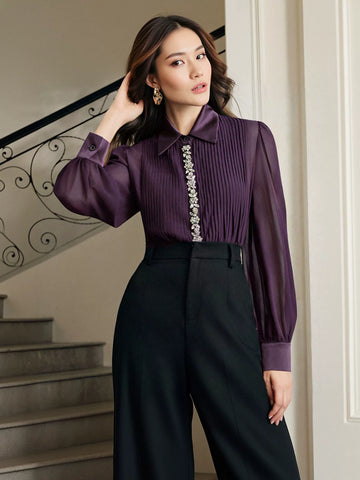Elegant Pleated Sheer Chiffon Blouse
