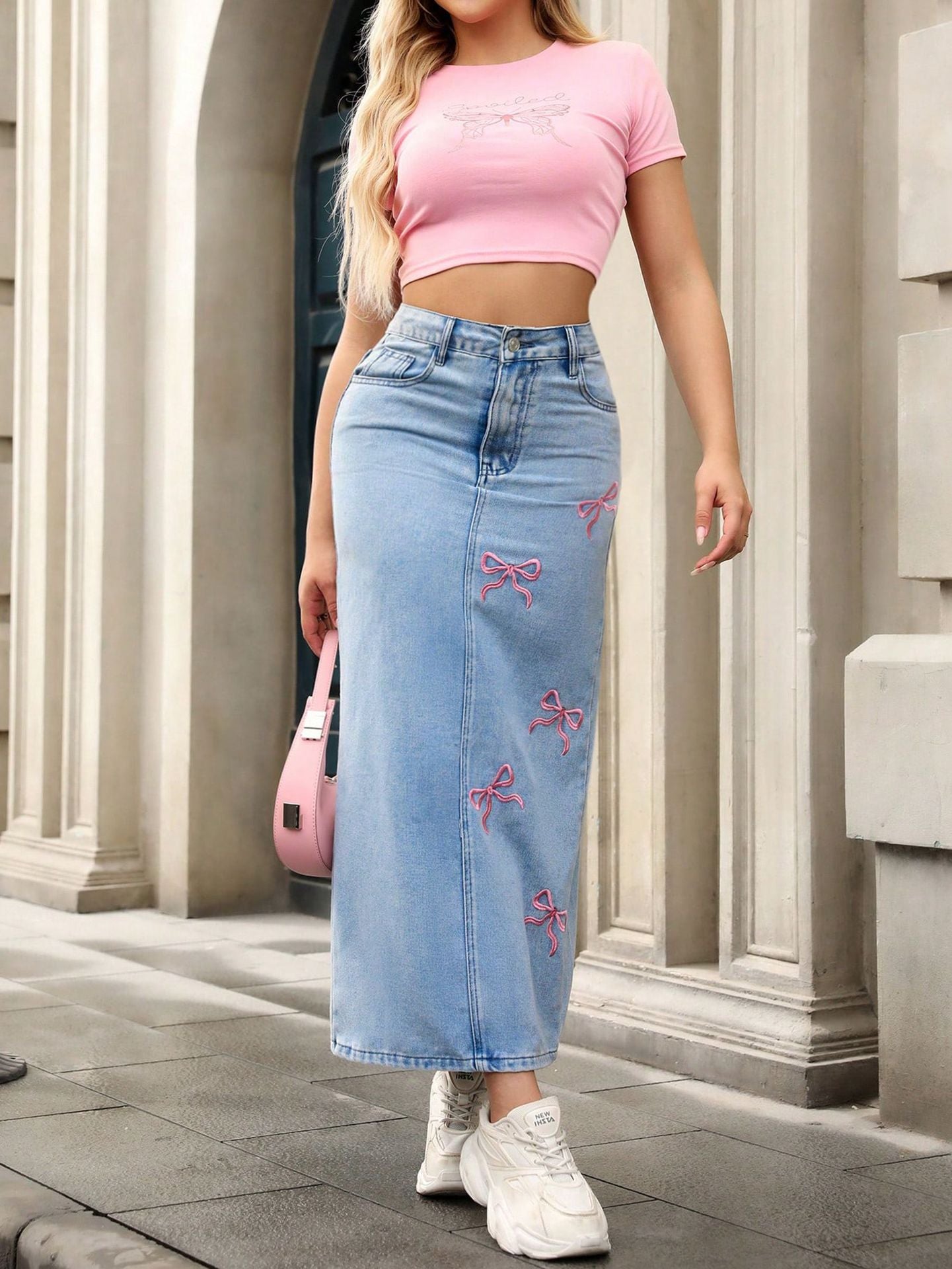 Embroidered Bow High Waisted Denim Skirt