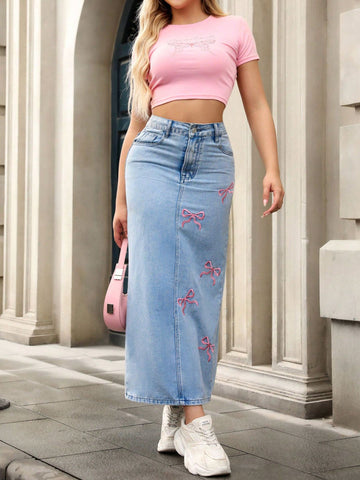 Embroidered Bow High Waisted Denim Skirt