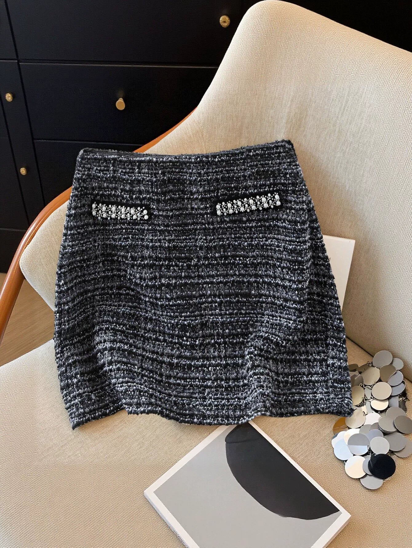 Beaded Tweed High Waisted Mini Skirt