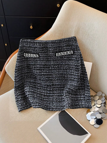 Beaded Tweed High Waisted Mini Skirt