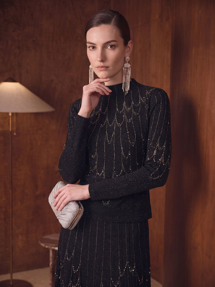 Embellished Mock Neck Knit Pullover