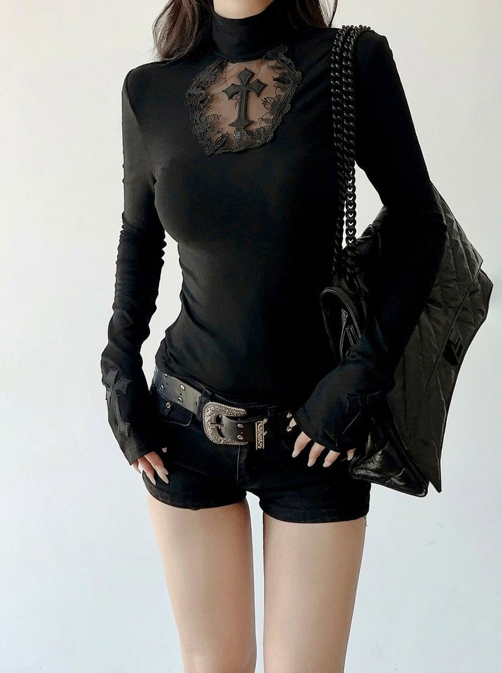 Gothic Lace Cross Mock Neck Tee