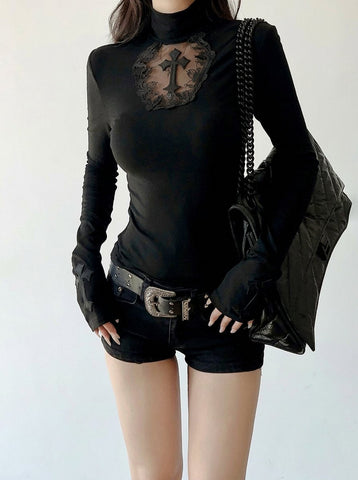 Gothic Lace Cross Mock Neck Tee