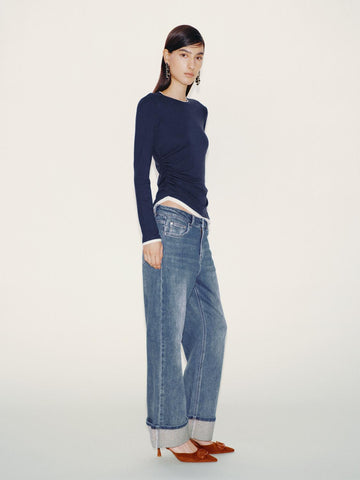 Urban Revivo 2 In 1 Cinched Waist Long Sleeve T-Shirts-Royal Blue