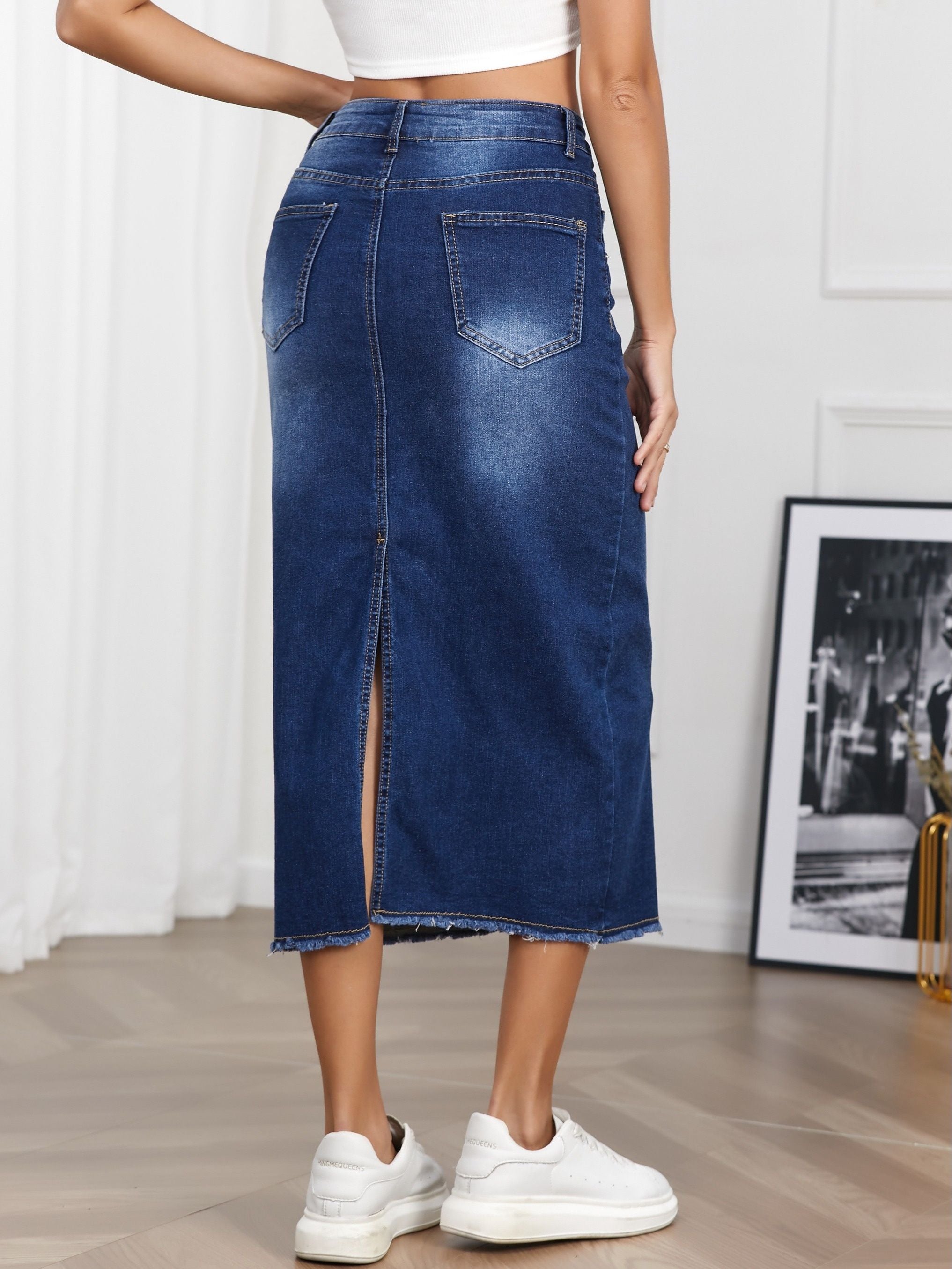 High Rise Raw Hem Denim Skirt