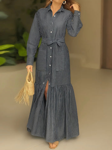 Belted Striped Button Down Maxi Dress