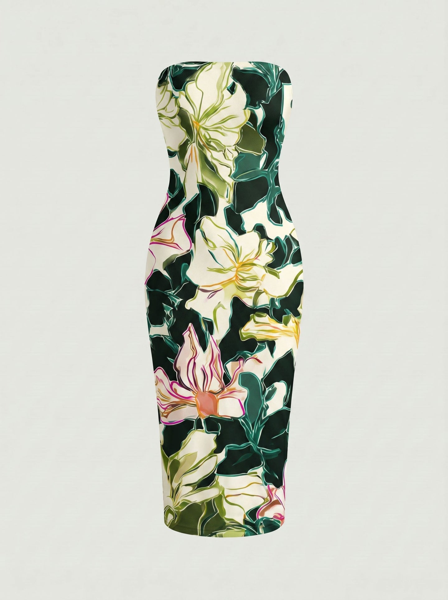 MAIA Tropical Lily Print Strapless Sheath Midi Dress