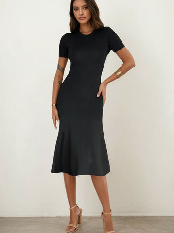Short Sleeve Midi Length Classic Solid Dress