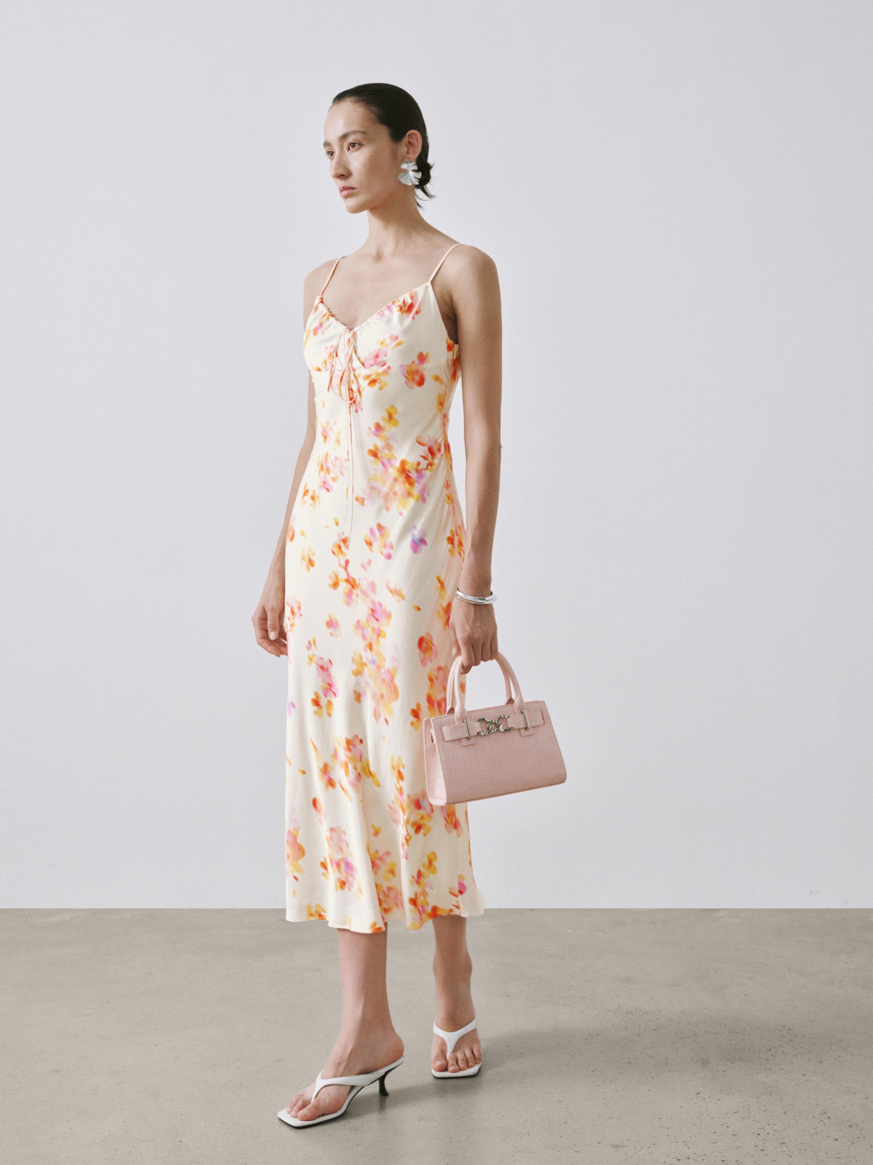 Urban Revivo Floral Printed Strappy Drawstring Skinny-Fit A-Line Midi Dresses