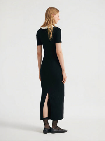 Collared Button-Front Office Lady Midi Dress