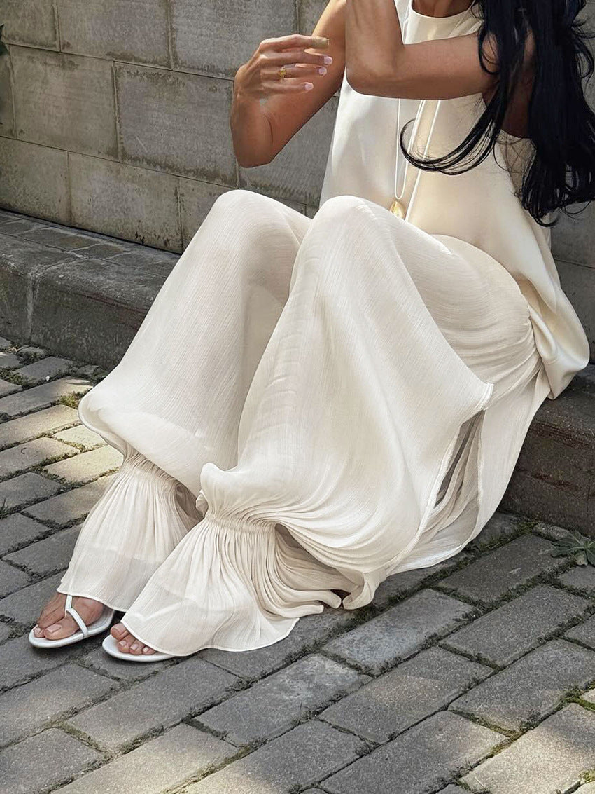 Flowy Pleated Elastic Waist Casual Pants