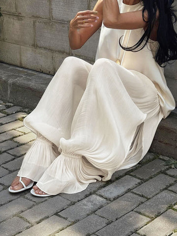 Flowy Pleated Elastic Waist Casual Pants