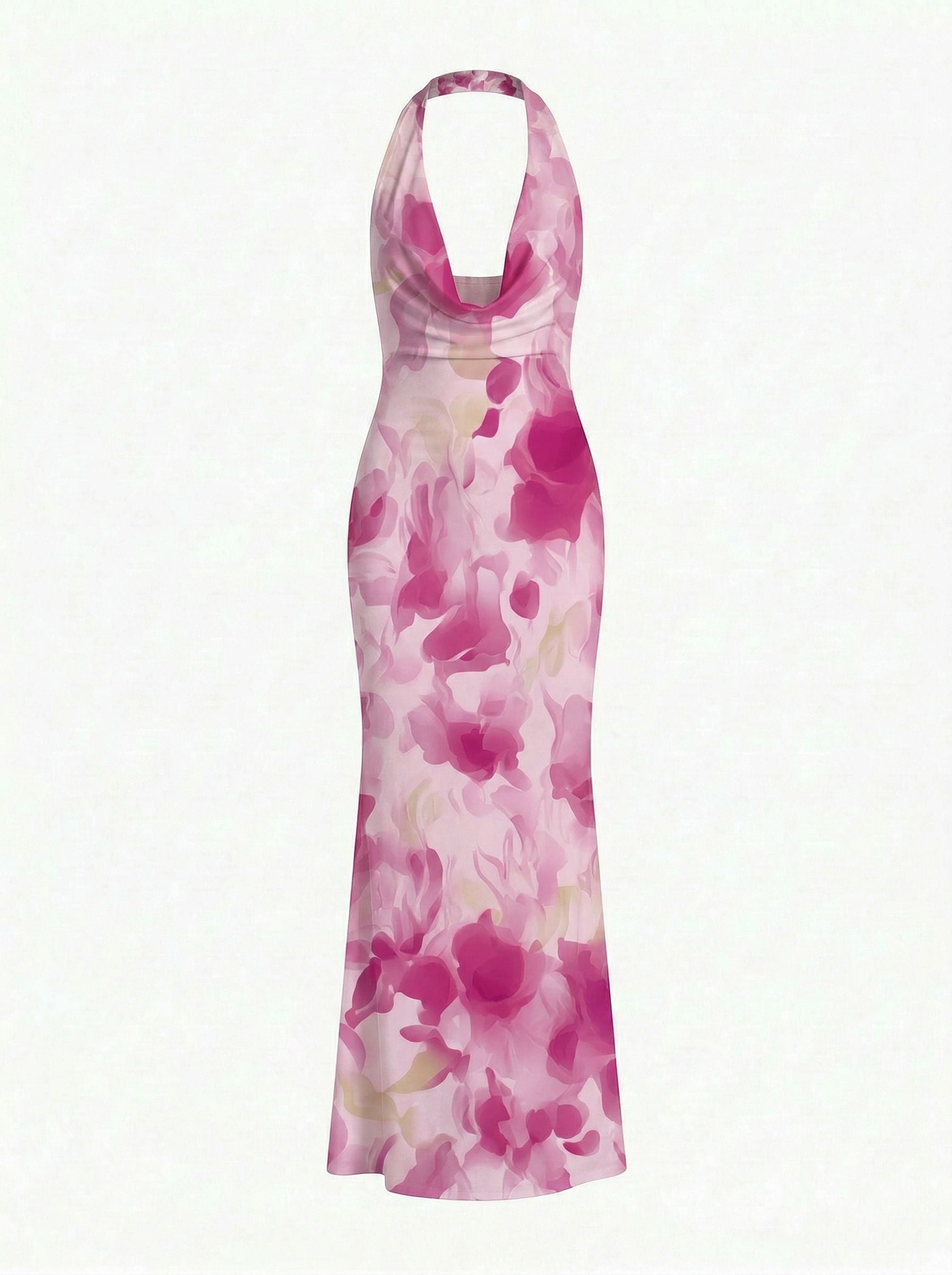LILA Floral Print Cowl Neck Bodycon Midi Dress