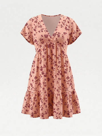 EVA Floral Print V Neck Tiered Babydoll Mini Dress