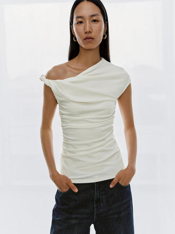 Urban Revivo One Shoulder Ruched T-Shirts-White