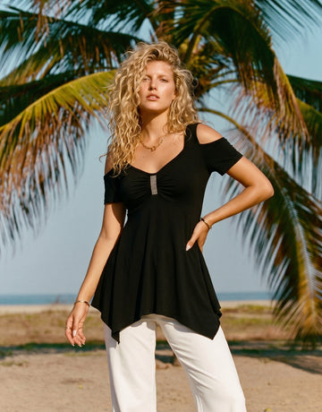 Cold Shoulder Embellished Peplum T-Shirt