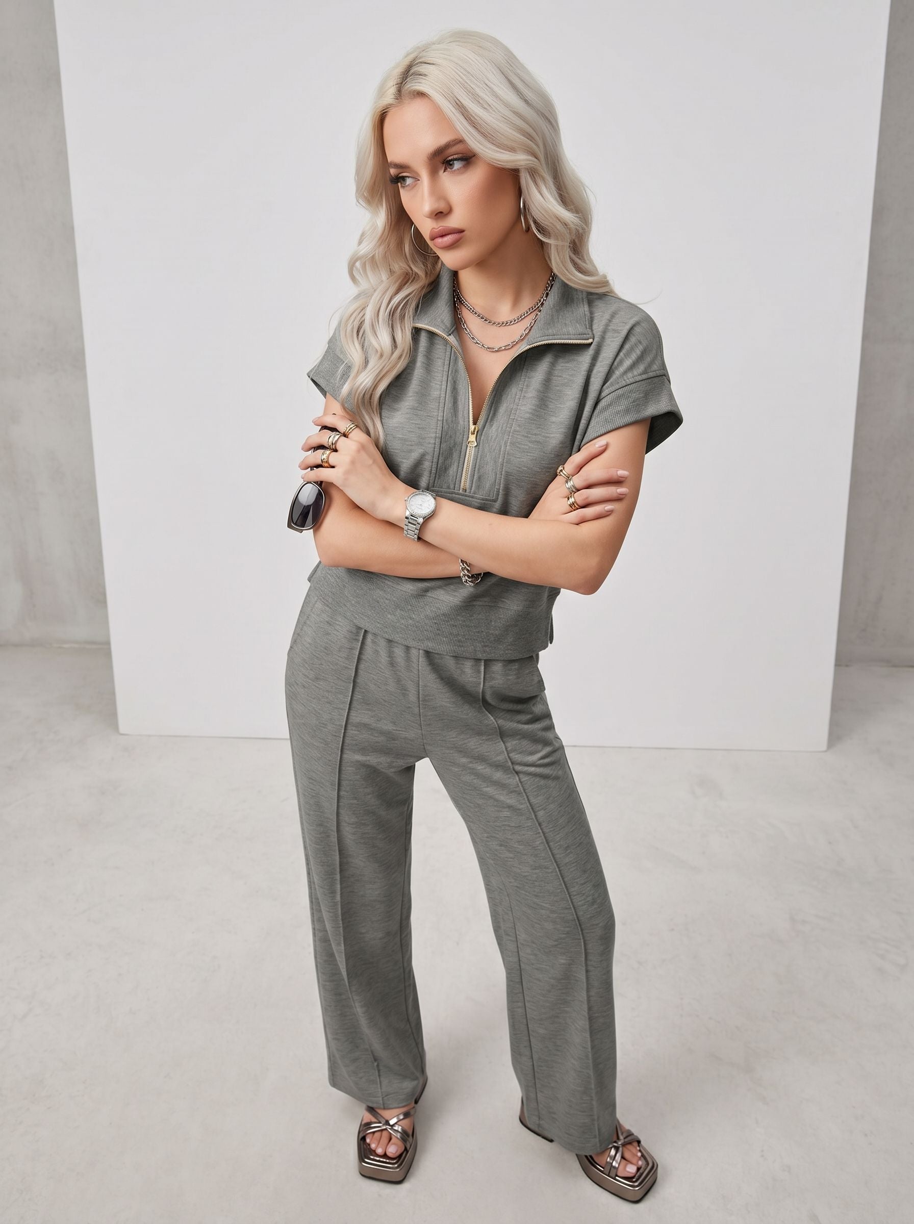 Zip Up Collar Short Sleeve Pants Set