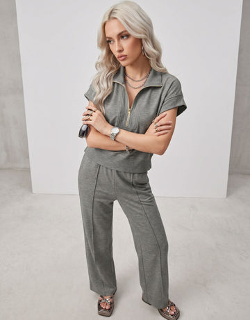 Zip Up Collar Short Sleeve Pants Set