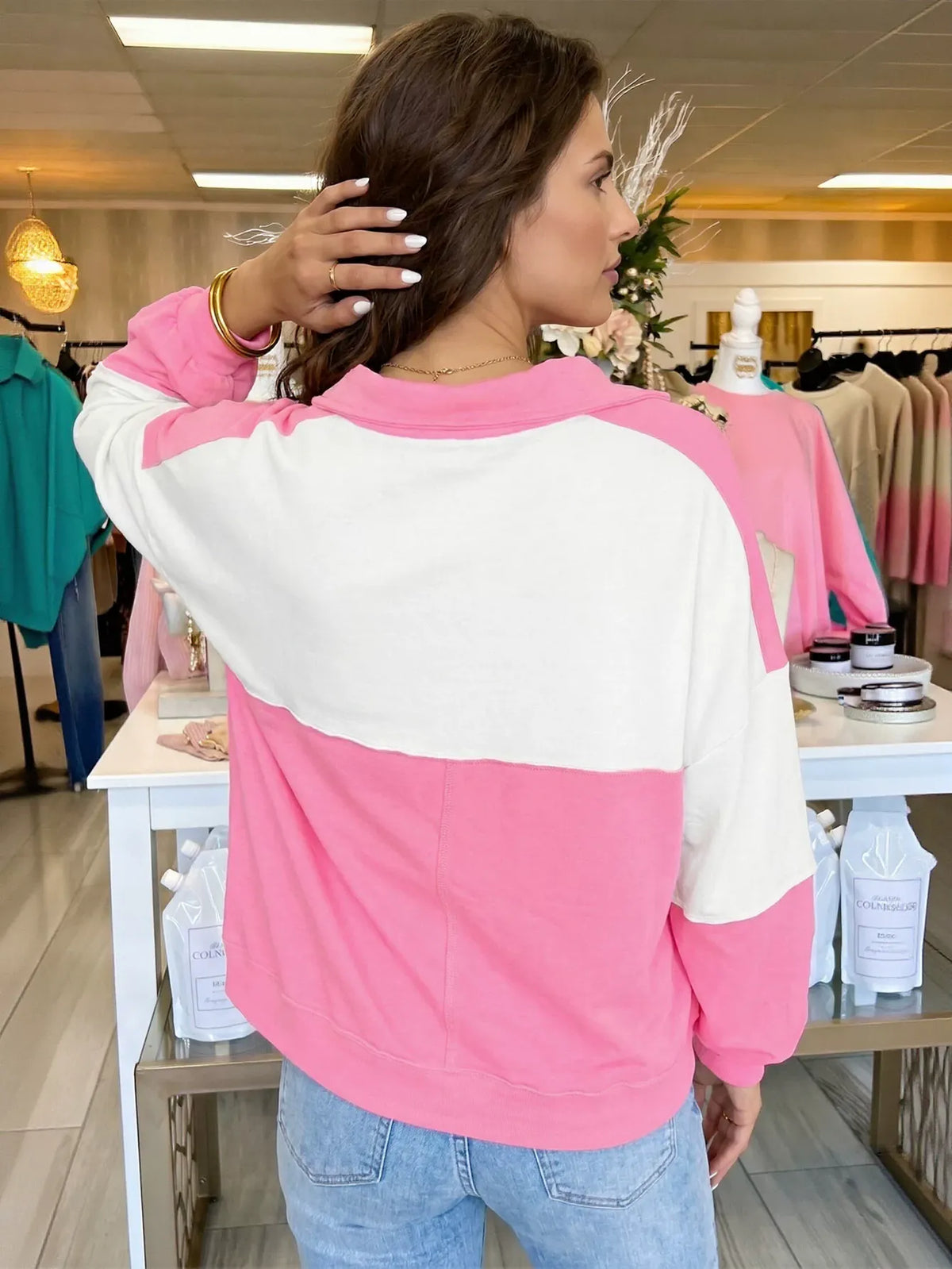Scalloped Colorblock V Neck Pullover Sweatshirt