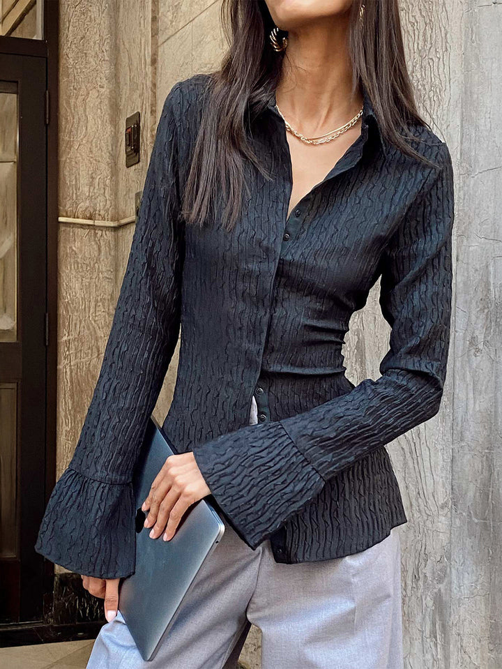 Textured Fitted Flare Sleeve Button Shirt