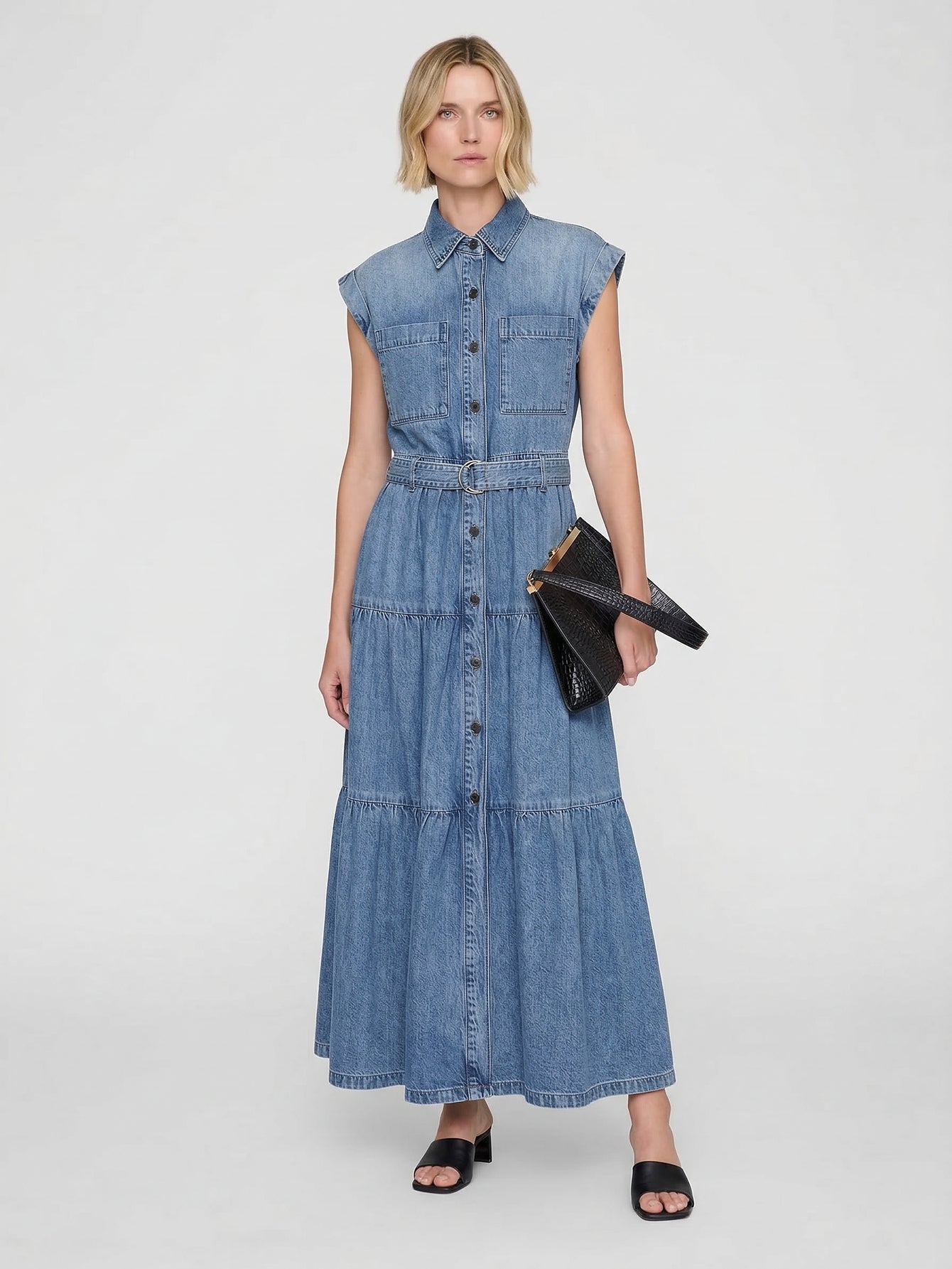Include Belt Cotton Denim Dress
