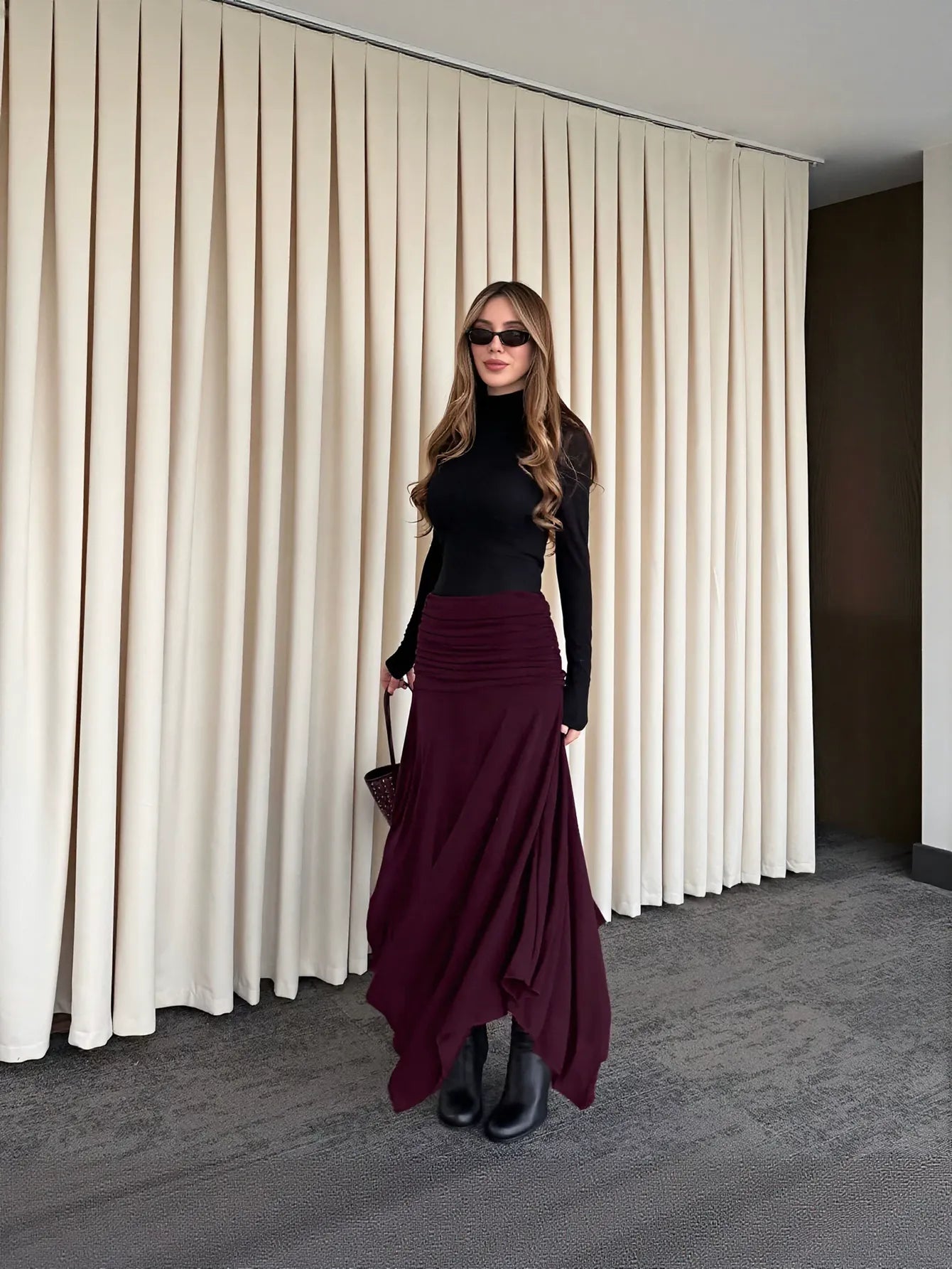 Ruched High Waist Midi Skirt