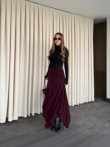 Ruched High Waist Midi Skirt