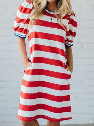 Striped Puff Sleeve Casual Dress