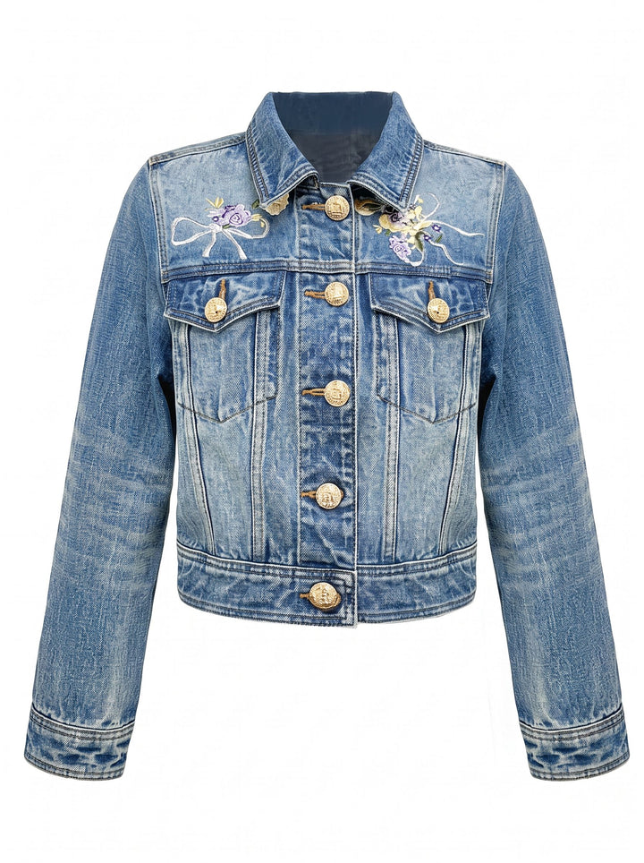 Embroidered Floral Gold Button Denim Jacket