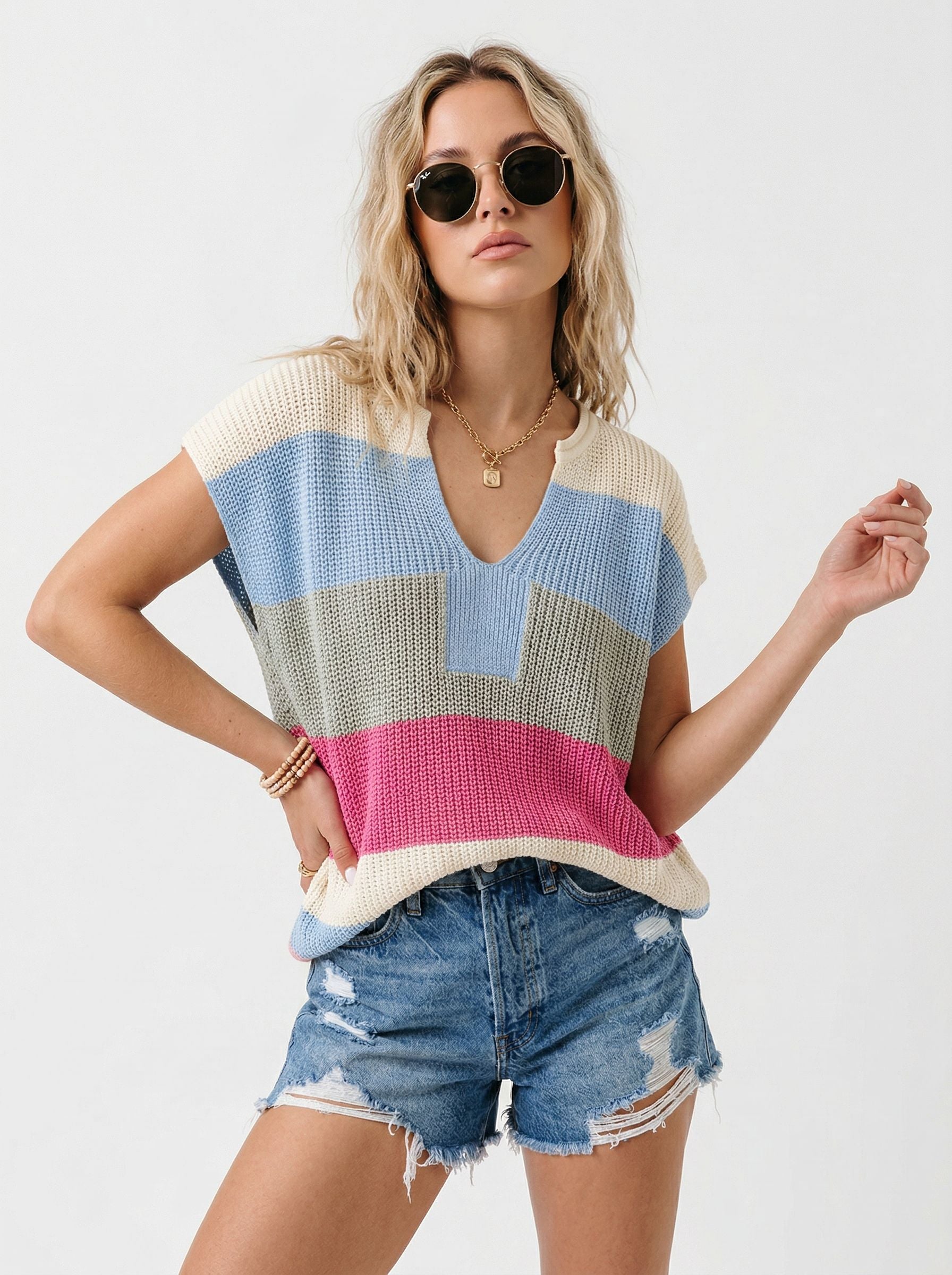 Striped V Neck knit Sweater