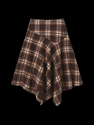 High Waisted Plaid Asymmetric Midi Skirt