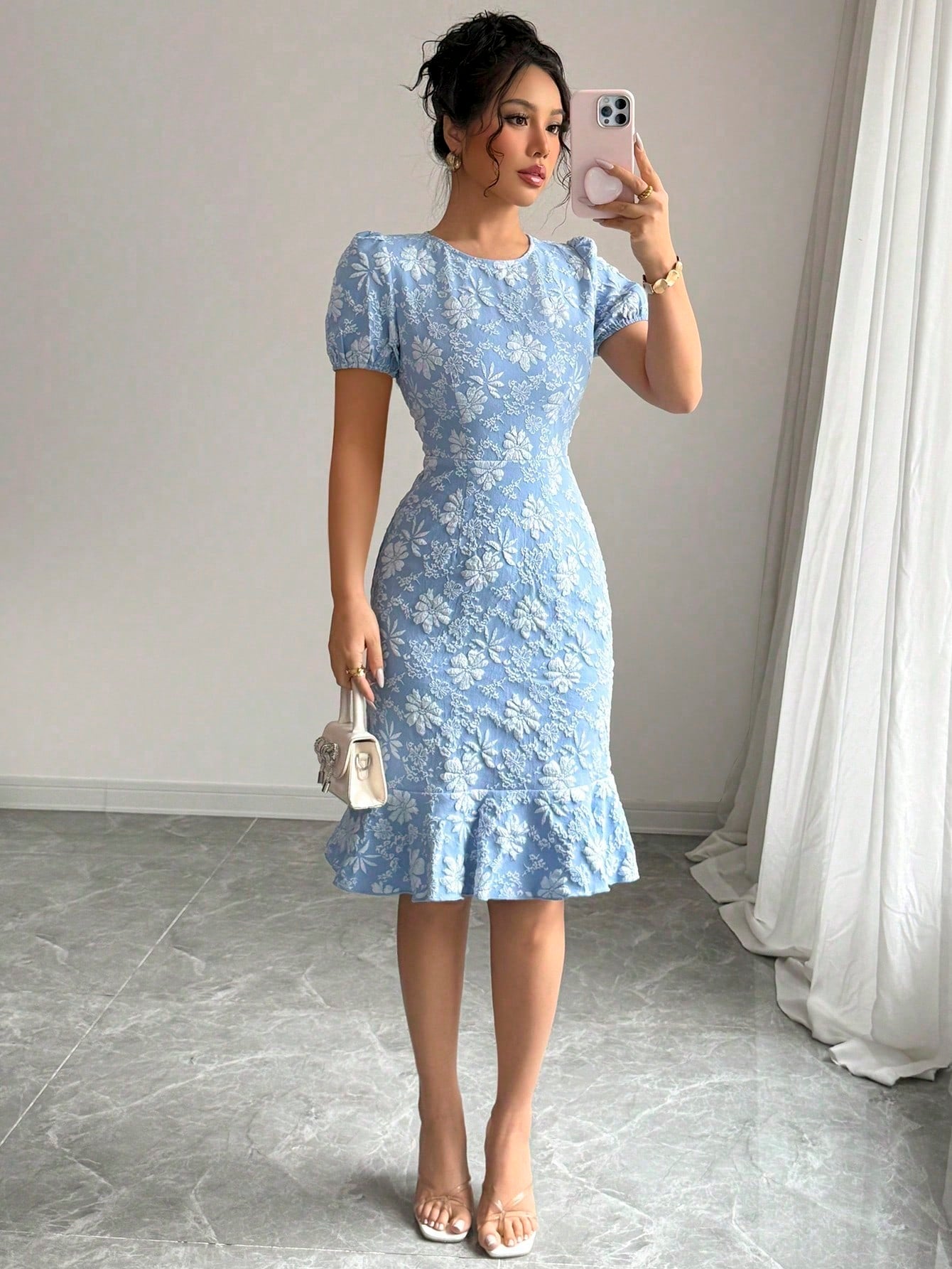 Floral Embroidered Ruffle Hem Dress