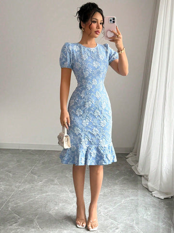 Floral Embroidered Ruffle Hem Dress