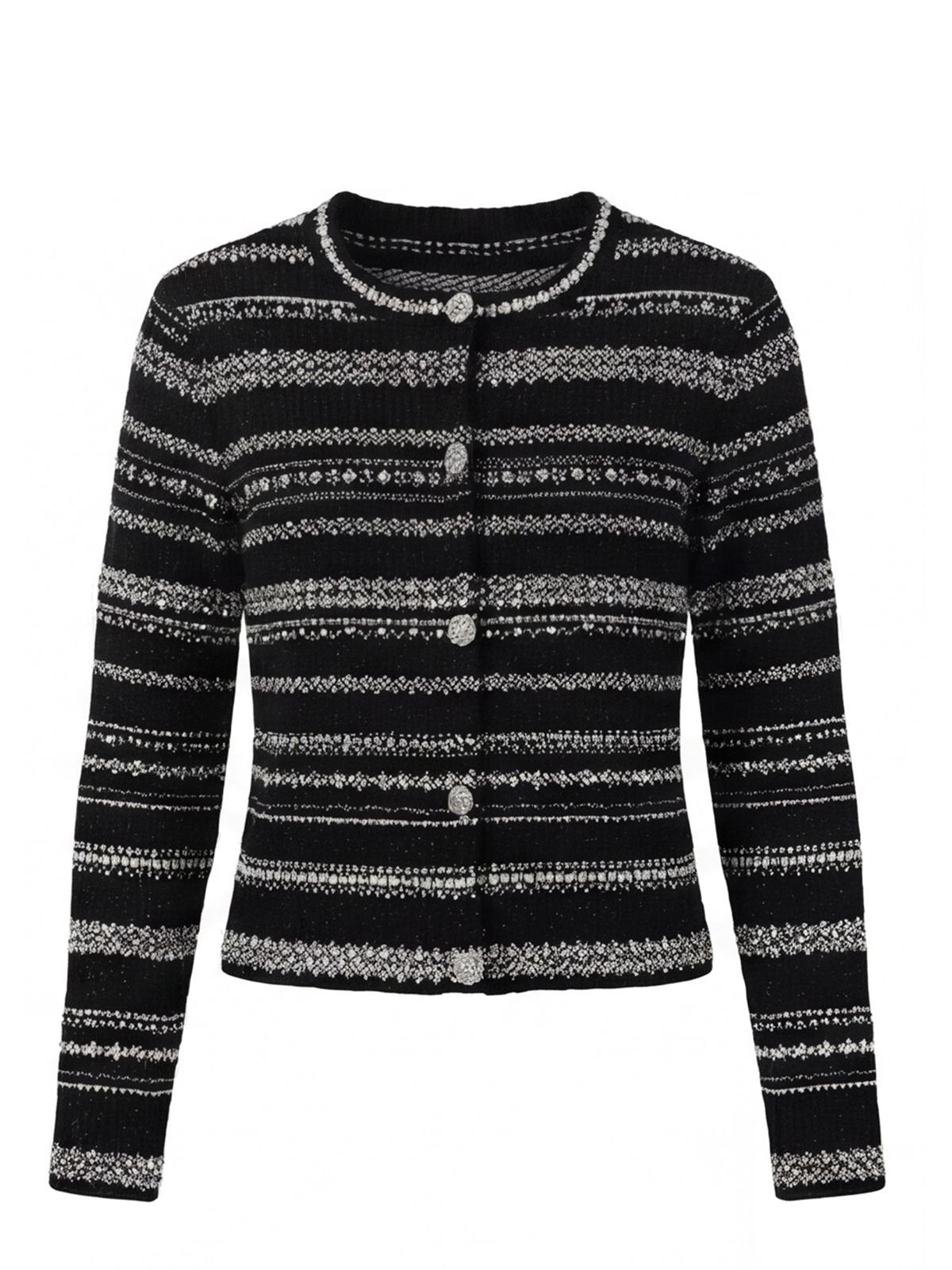 Shimmer Striped Crewneck Knit Cardigan