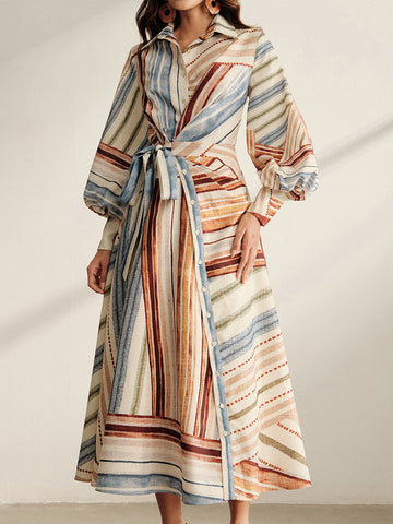 Striped Balloon Sleeve Midi Shirt Dress